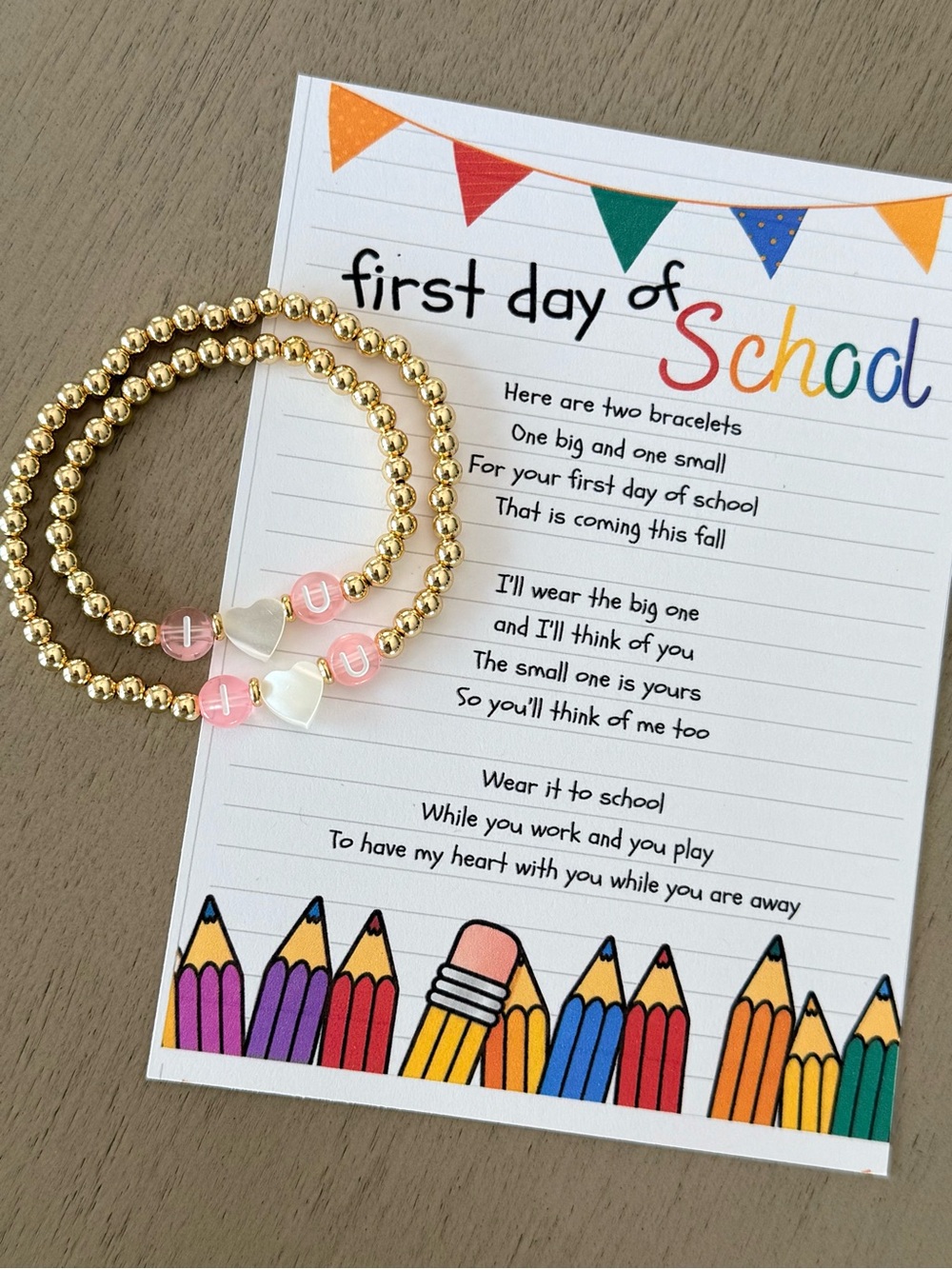 First day of school Gold Beaded Bracelet Set with Pink & White Heart Accents